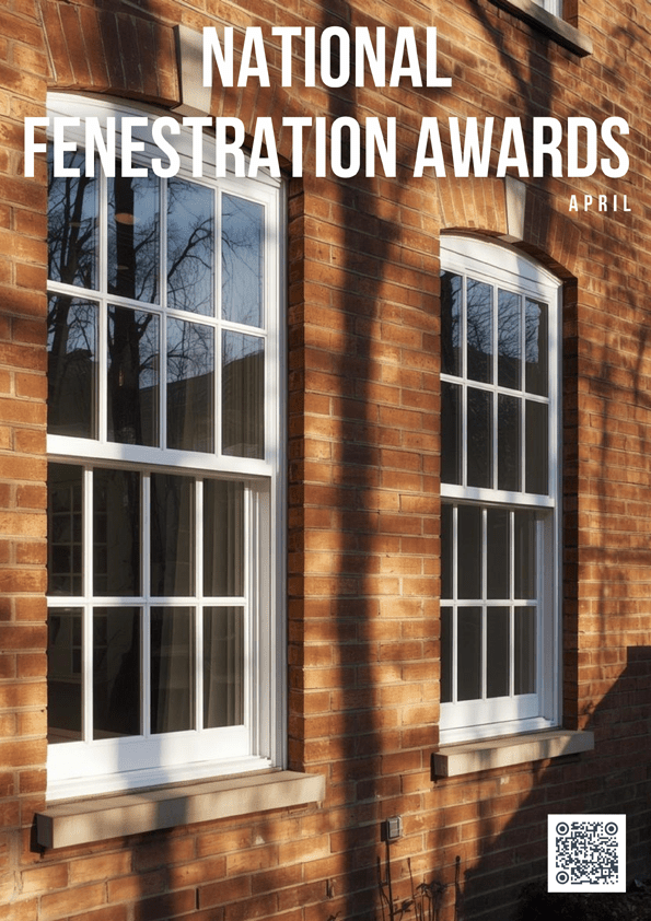 National Fenestration Awards Front Page, showing the title National Fenestration Awards and a brick building with two white vertical sliding windows.